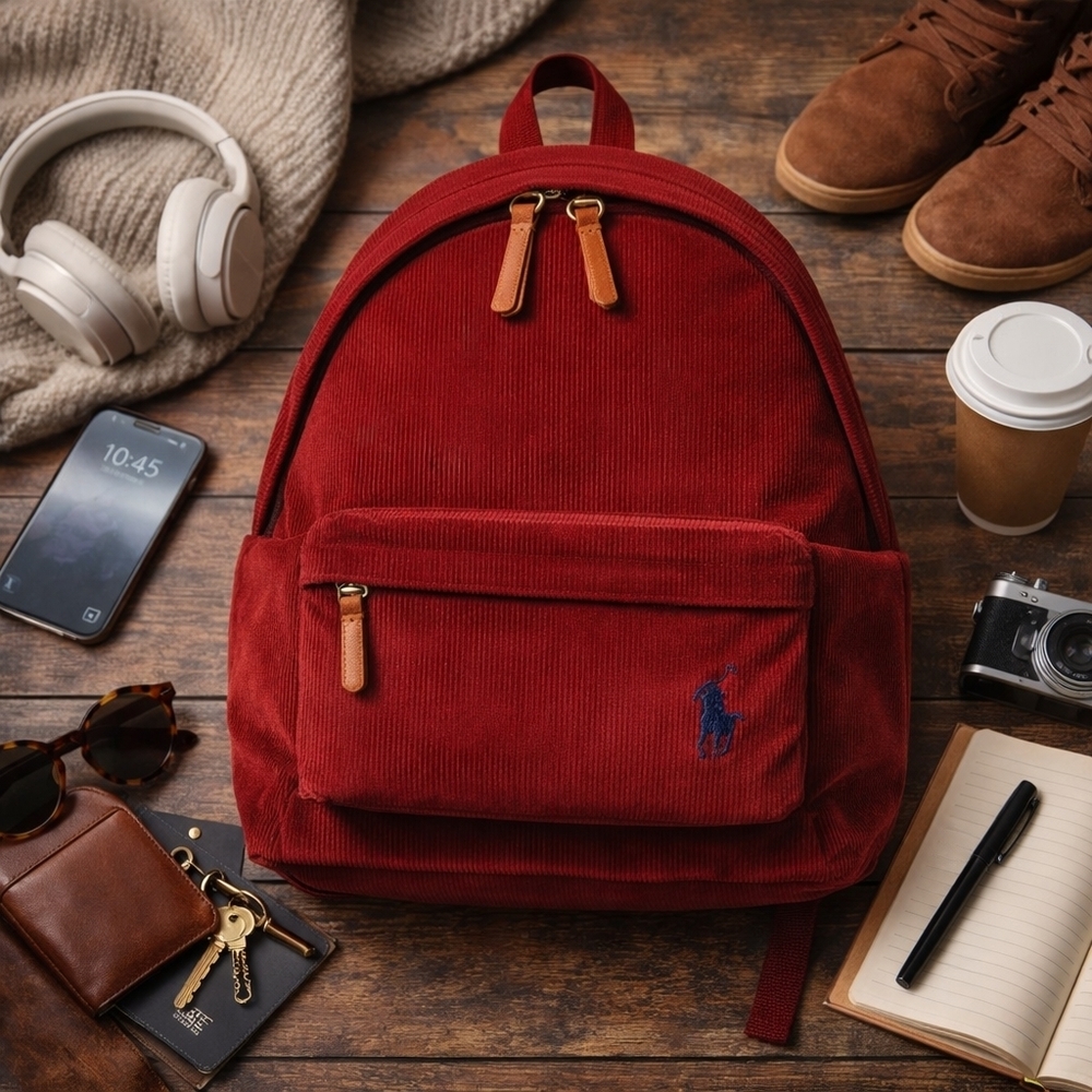 Polo Ralph Lauren Red Corduroy Backpack/ Laptop Red Pony Leather Pulls